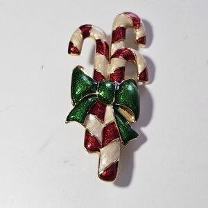 TC Tanya Creations Vintage Red And Cream Enamel Candy Cane Brooch